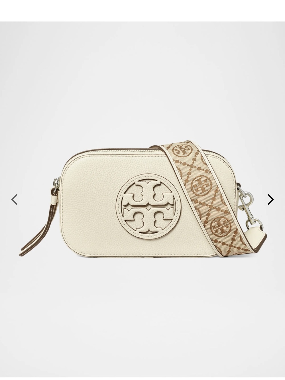 Tory Burch Cream Pebbled Leather Crossbody with Tan Logo Strap